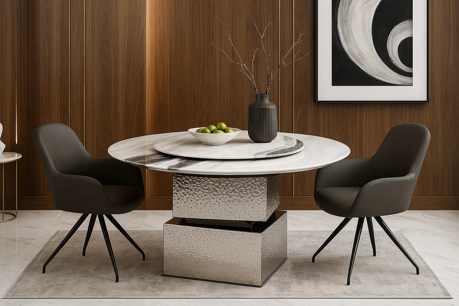 Modern dining room with round marble table and dark chairs against a wooden wall.