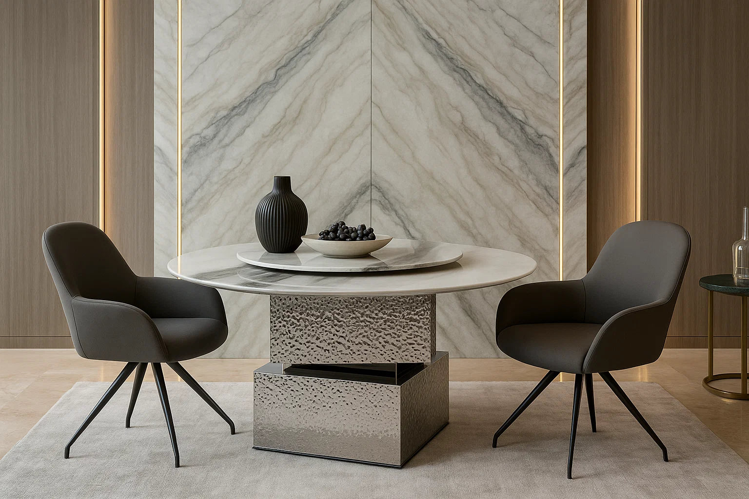 Modern dining room with a round table and two chairs against a marble wall.