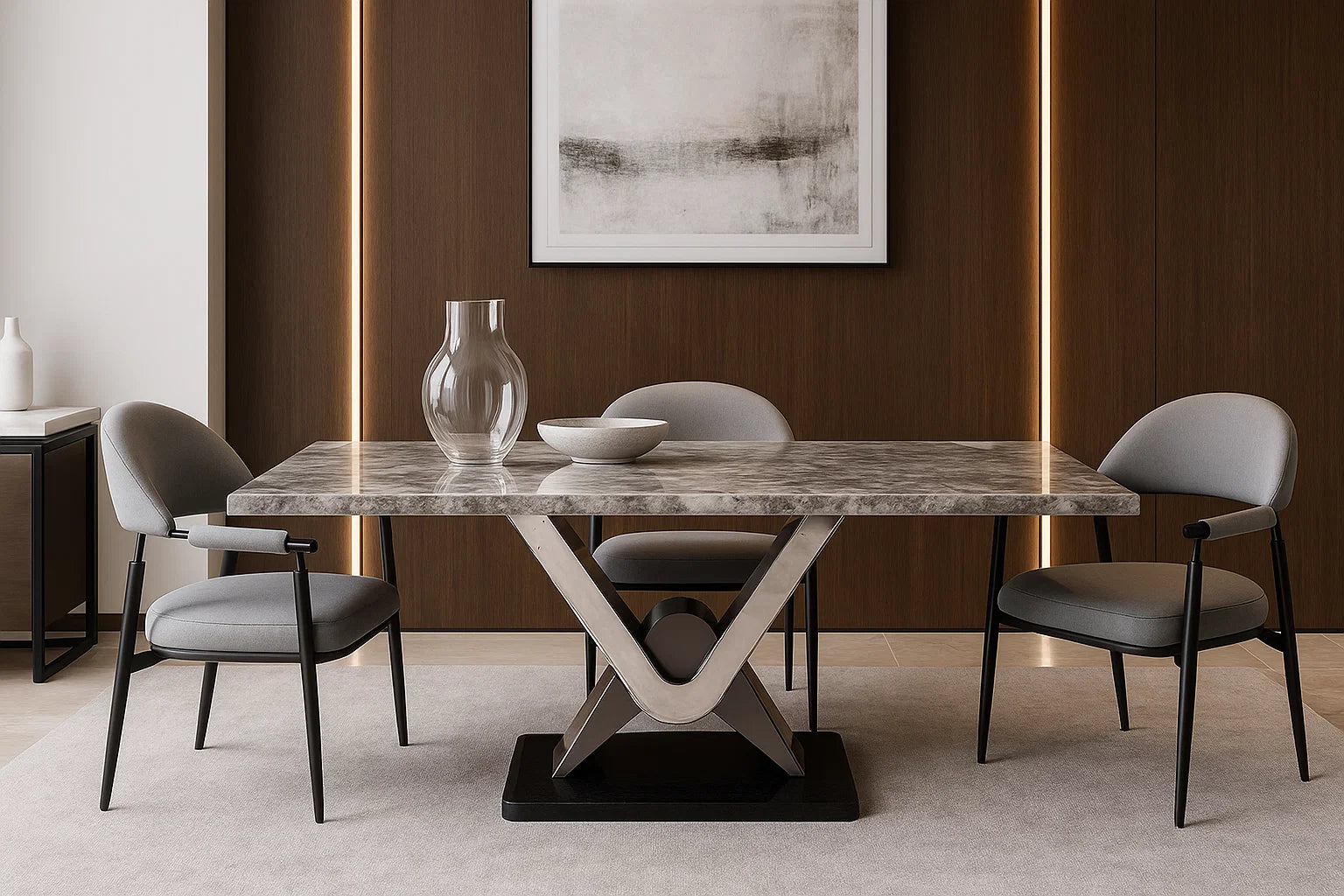 Virello grey marble rectangular dining table with V-shaped metal pedestal and grey chairs

