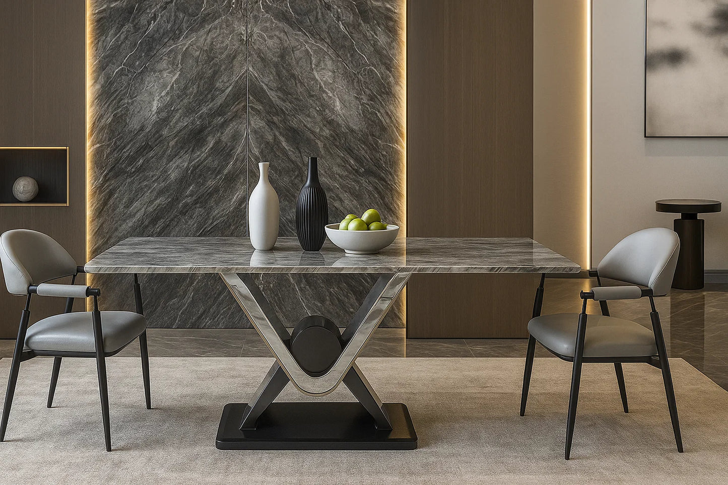 Modern dining room with a marble table and chairs against a marble wall.