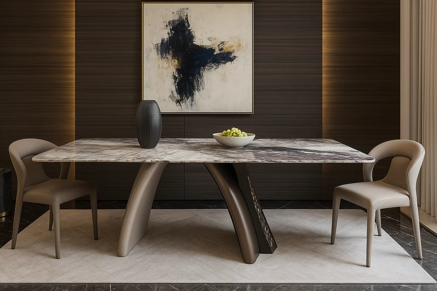 Archeline grey-white marble dining table, asymmetrical sculpted base, light grey designer chairs

